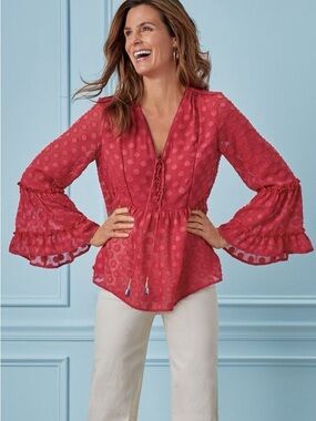 NWT Soft Surroundings Besito Red Polka Dot Lace Up Neckline Peplum Top Blouse XL